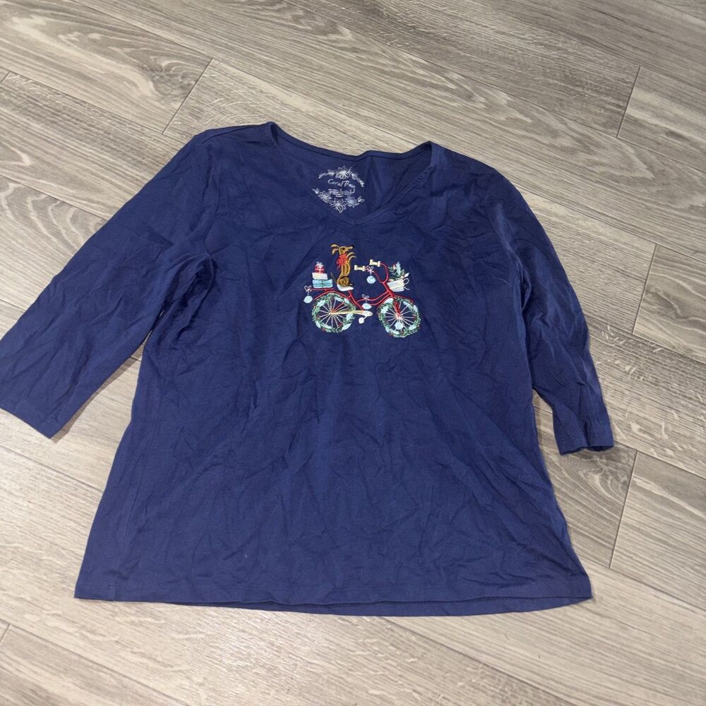 Coral Bay Blue Christmas Bicycle Embroidered 3/4 Sleeve Top Size L